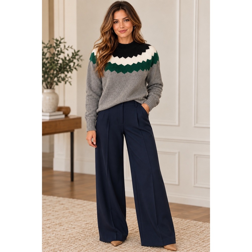 Talbots Fair Isle Mock Neck Sweater Gray Green Navy Boho Gorpcore NWT Large